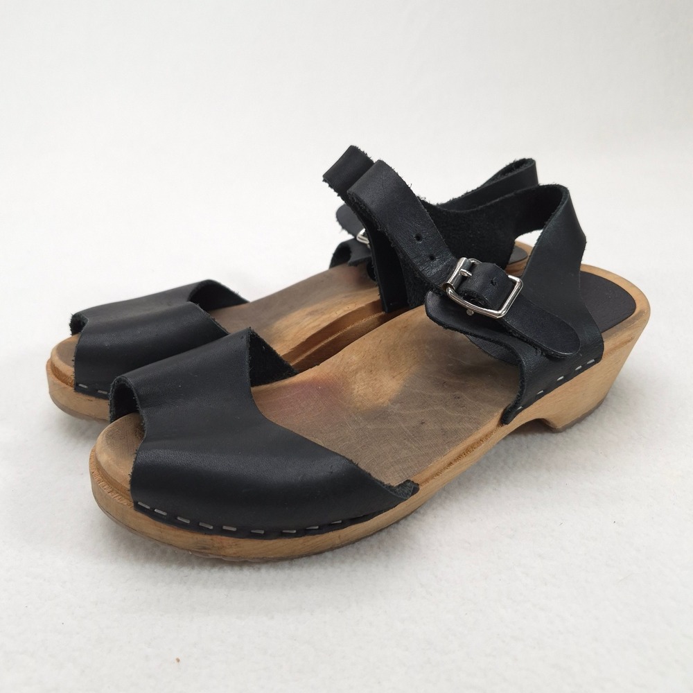 Swedish Hasbeens Clog Sandals Black 38 Retro Boho Wood Platform Peep Toe Heels - Picture 6 of 11